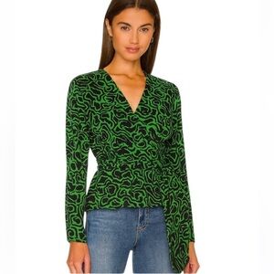 Rodebjer Dove Wrap Tie Blouse Green Navy Size 8